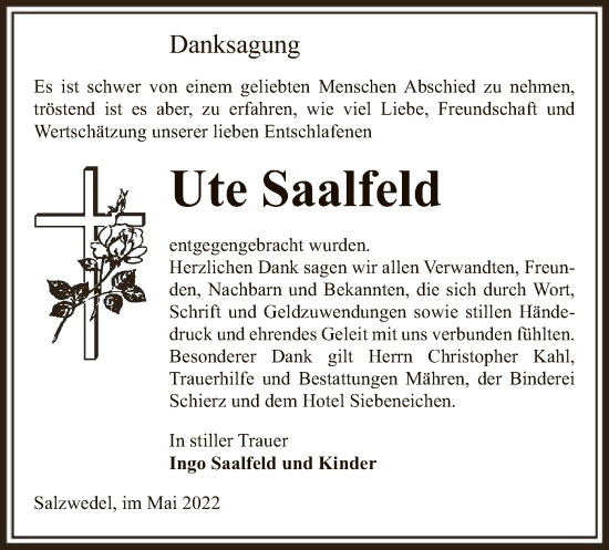 Todesanzeige von Ute Saalfeld von UEL