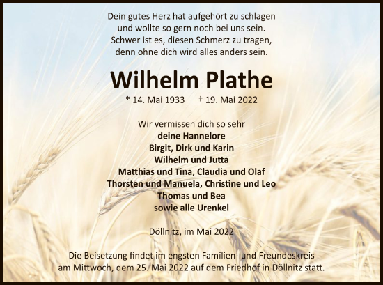 Todesanzeige von Wilhelm Plathe von UEL