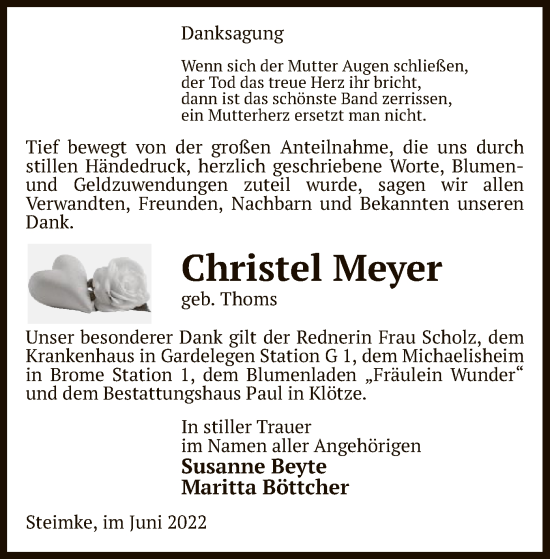 Todesanzeige von Christel Meyer von UEL