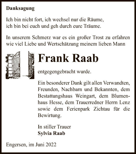 Todesanzeige von Frank Raab von UEL