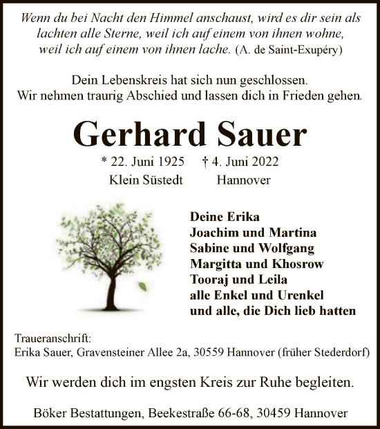 Todesanzeige von Gerhard Sauer von UEL