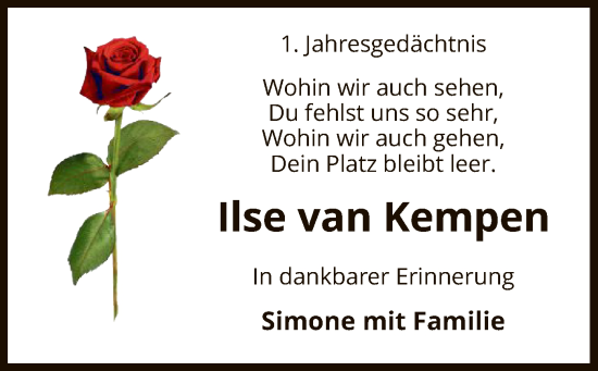 Todesanzeige von Ilse van Kempen von UEL