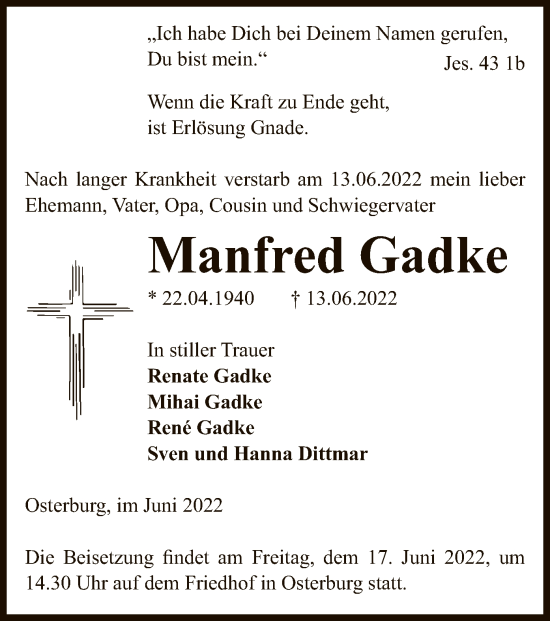 Todesanzeige von Manfred Gadke von UEL