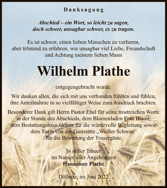 Todesanzeige von Wilhelm Plathe von UEL