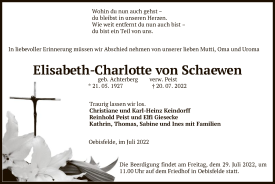 Todesanzeige von Elisabeth-Charlotte von Schaewen von UEL