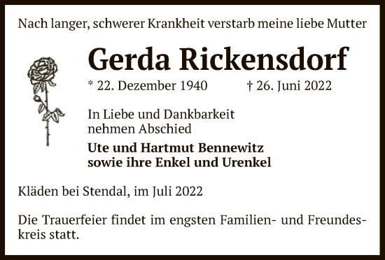 Todesanzeige von Gerda Rickensdorf von UEL