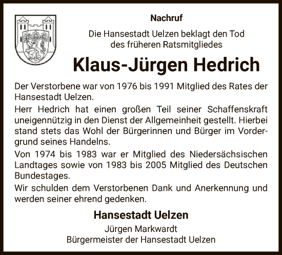 Todesanzeige von Klaus-Jürgen Hedrich von UEL