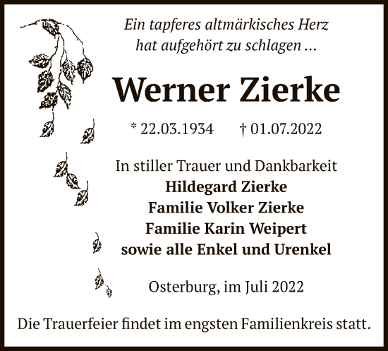 Todesanzeige von Werner Zierke von UEL