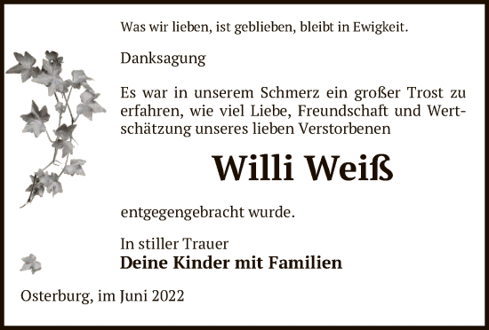 Todesanzeige von Willi Weiß von UEL