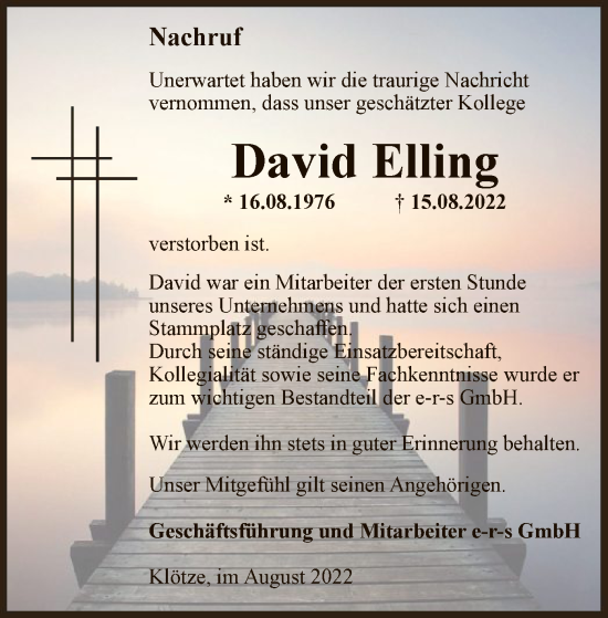 Todesanzeige von David Elling von UEL