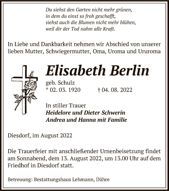 Todesanzeige von Elisabeth Berlin von UEL