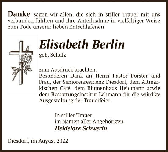 Todesanzeige von Elisabeth Berlin von UEL