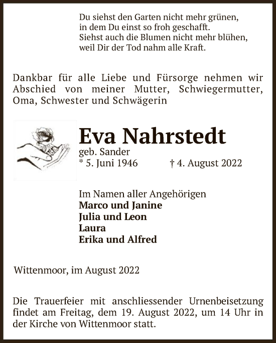 Todesanzeige von Eva Nahrstedt von UEL