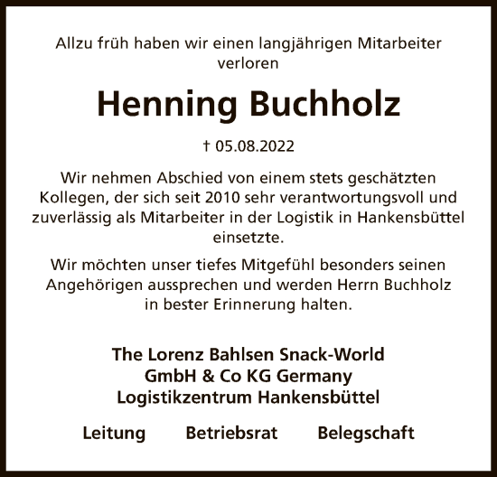 Todesanzeige von Henning Buchholz von UEL