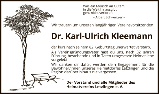 Todesanzeige von Karl-Ulrich Kleemann von UEL