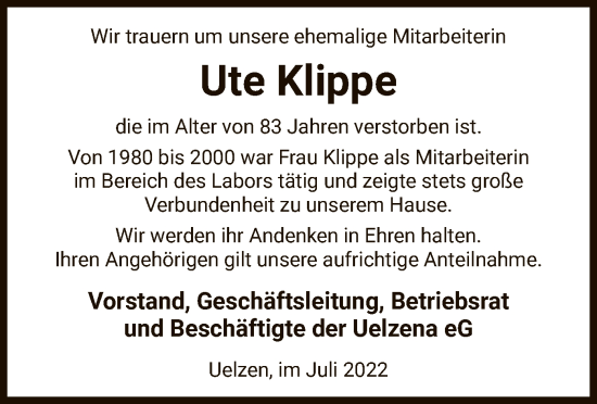 Todesanzeige von Ute Klippe von UEL