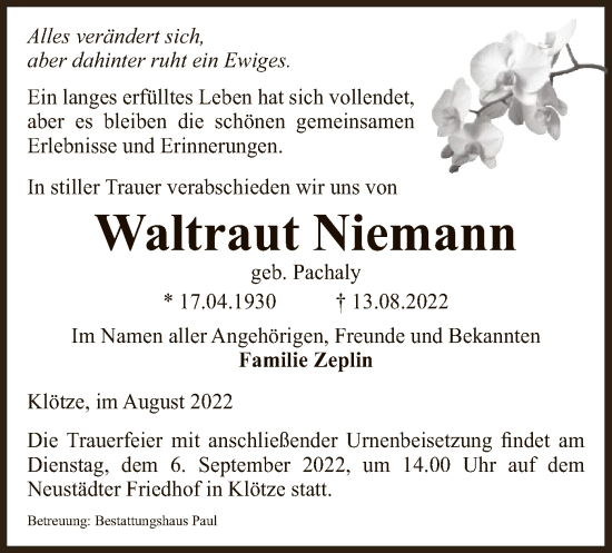 Todesanzeige von Waltraut Niemann von UEL