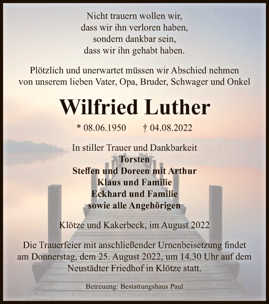 Todesanzeige von Wilfried Luther von UEL