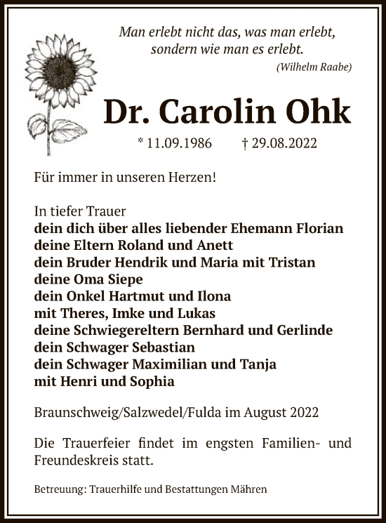 Todesanzeige von Carolin Ohk von UEL