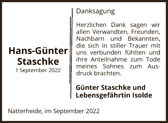 Todesanzeige von Hans-Günter Staschke von UEL