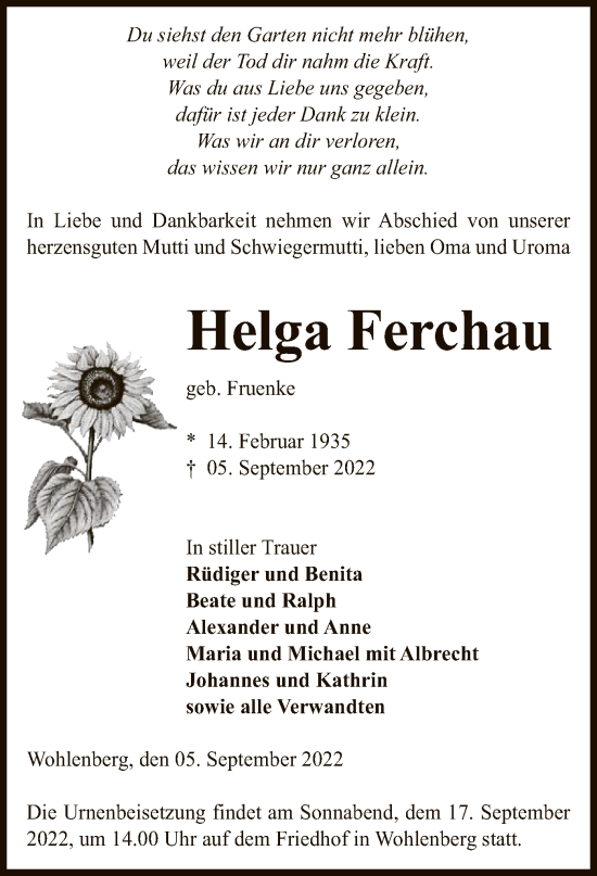 Todesanzeige von Helga Ferchau von UEL