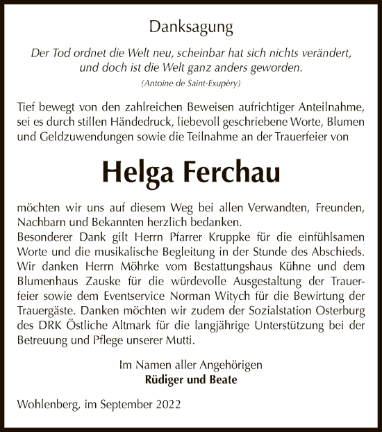 Todesanzeige von Helga Ferchau von UEL