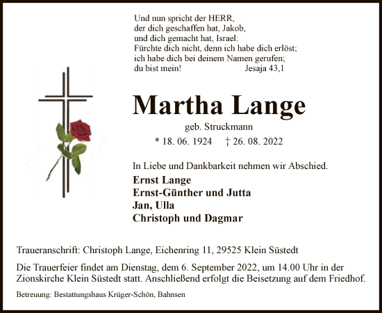 Todesanzeige von Martha Lange von UEL