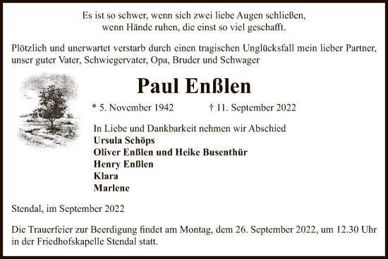 Todesanzeige von Paul Enßlen von UEL