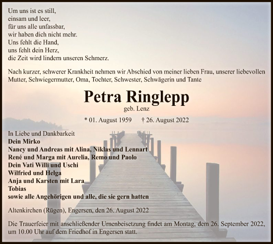 Todesanzeige von Petra Ringlepp von UEL