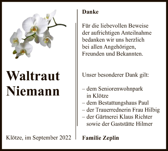 Todesanzeige von Waltraut Niemann von UEL