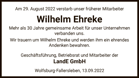 Todesanzeige von Wilhelm Ehreke von UEL