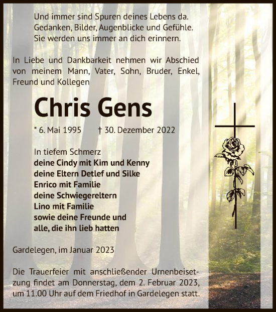 Todesanzeige von Chris Gens von UEL