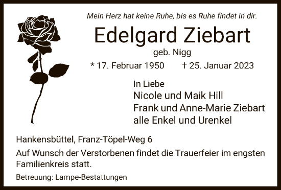Todesanzeige von Edelgard Ziebart von UEL