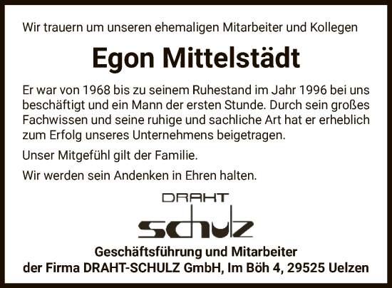 Todesanzeige von Egon Mittelstädt von UEL