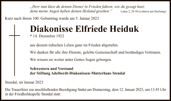 Todesanzeige von Elfriede Heiduk von UEL