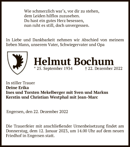 Todesanzeige von Helmut Bochum von UEL