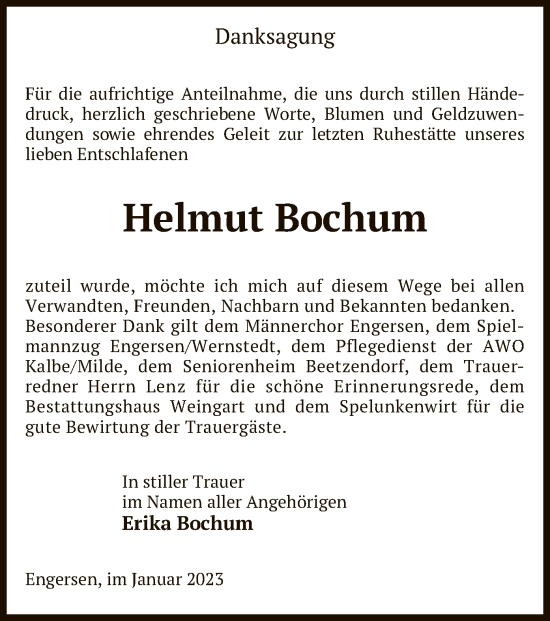Todesanzeige von Helmut Bochum von UEL