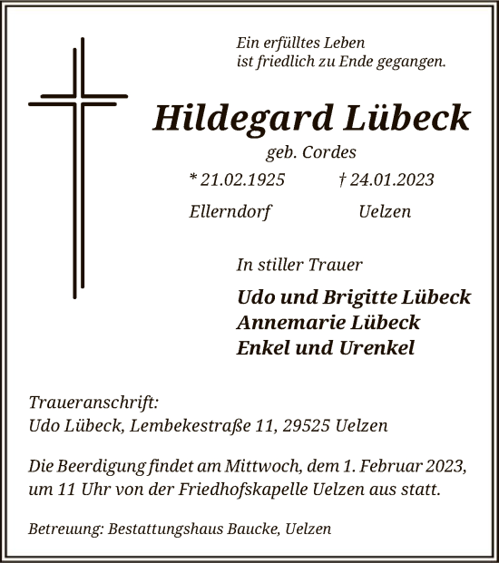 Todesanzeige von Hildegard Lübeck von UEL