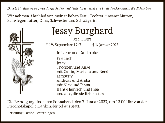 Todesanzeige von Jessy Burghard von UEL