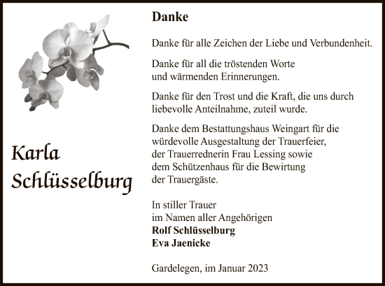 Todesanzeige von Karla Schlüsselburg von UEL