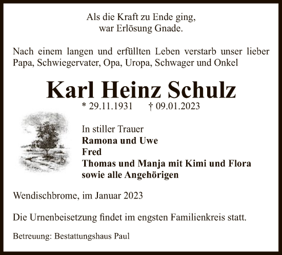 Todesanzeige von Karl Heinz Schulz von UEL