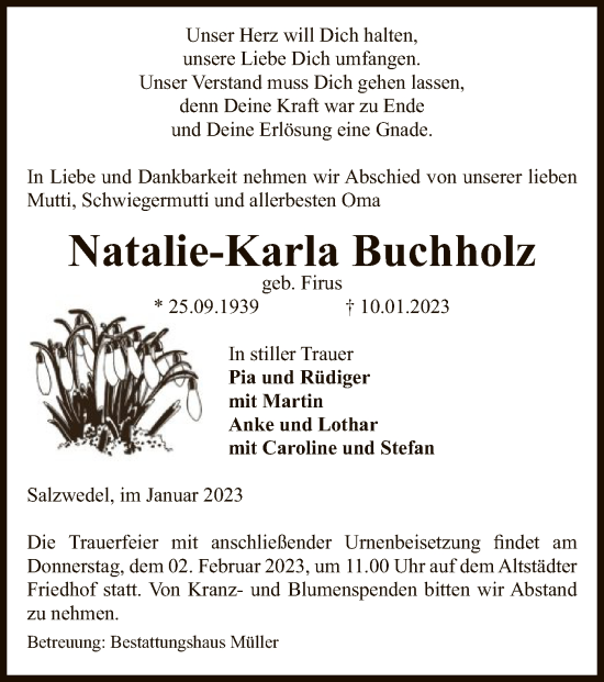 Todesanzeige von Natalie-Karla Buchholz von UEL