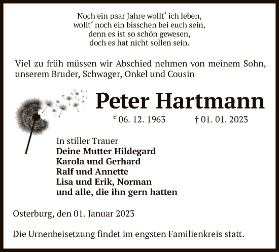 Todesanzeige von Peter Hartmann von UEL