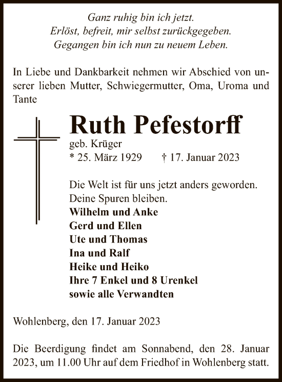 Todesanzeige von Ruth Pefestorff von UEL