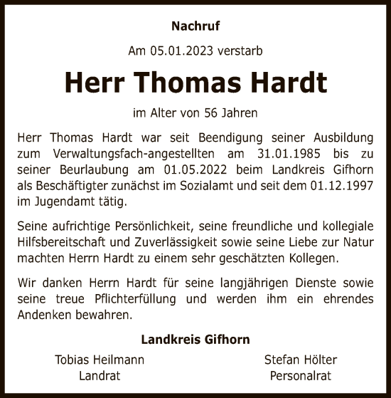 Todesanzeige von Thomas Hardt von UEL