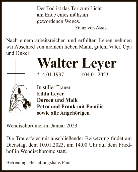 Todesanzeige von Walter Leyer von UEL