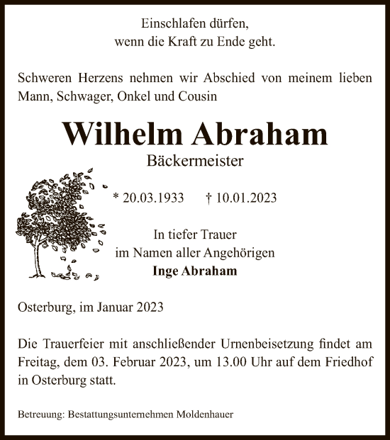 Todesanzeige von Wilhelm Abraham von UEL