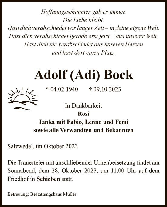Todesanzeige von Adolf Bock von UEL