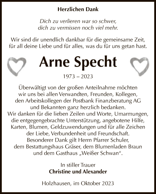 Todesanzeige von Arne Specht von UEL