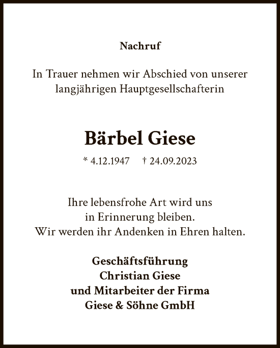 Todesanzeige von Bärbel Giese von UEL